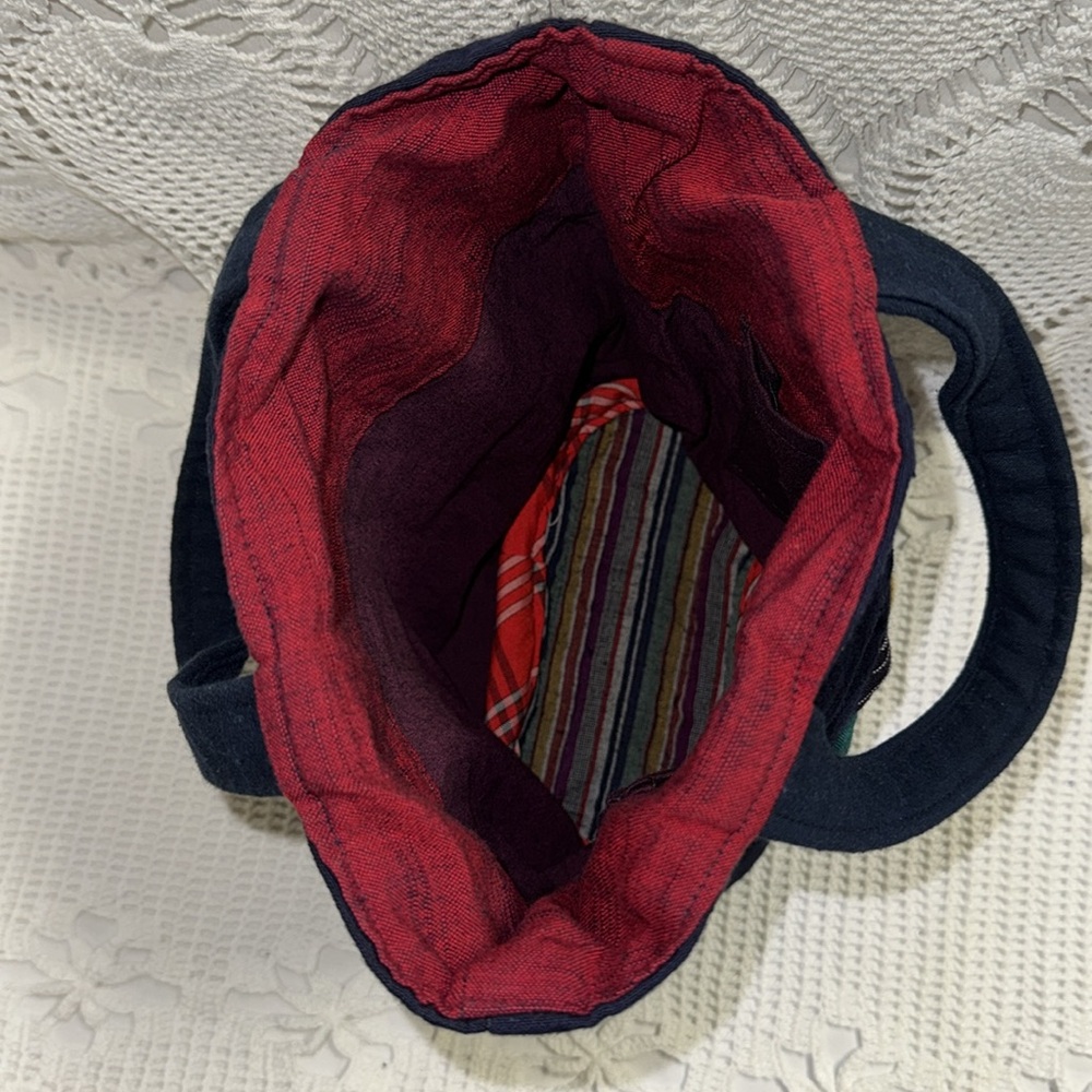 BOHO Fabric Reversible Mini Tote Bag Pockets Dual Handle Travel Folds Red Blue - Picture 11 of 14